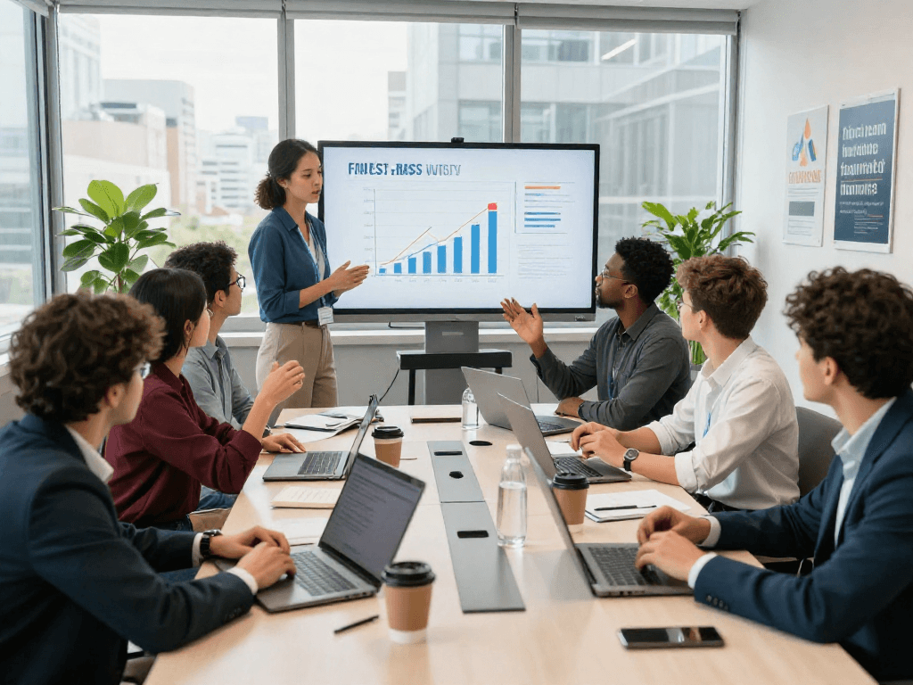 Team brainstorming session on XPAY33 Australia investment strategies in a modern office.