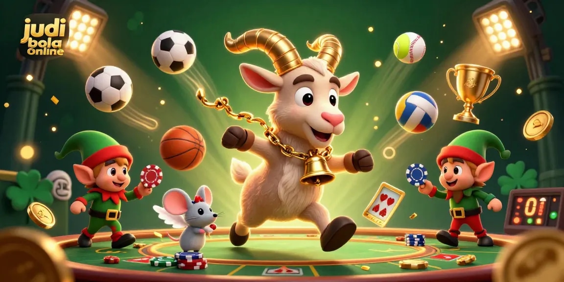 Engage in judi bola online action with a festive Krampus and mischievous gremlins in a busy casino scene.