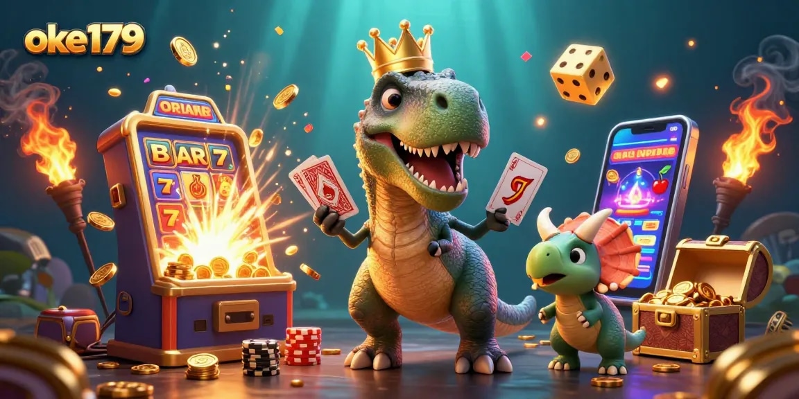 Experience the excitement at oke179 with a vibrant 3D casino scene filled with playful dinosaurs and winning symbols.