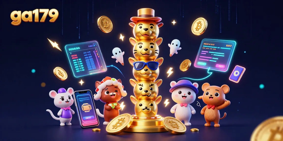 Experience immersive gaming with ga179’s lively 3D casino-themed illustration bursting with crypto elements.