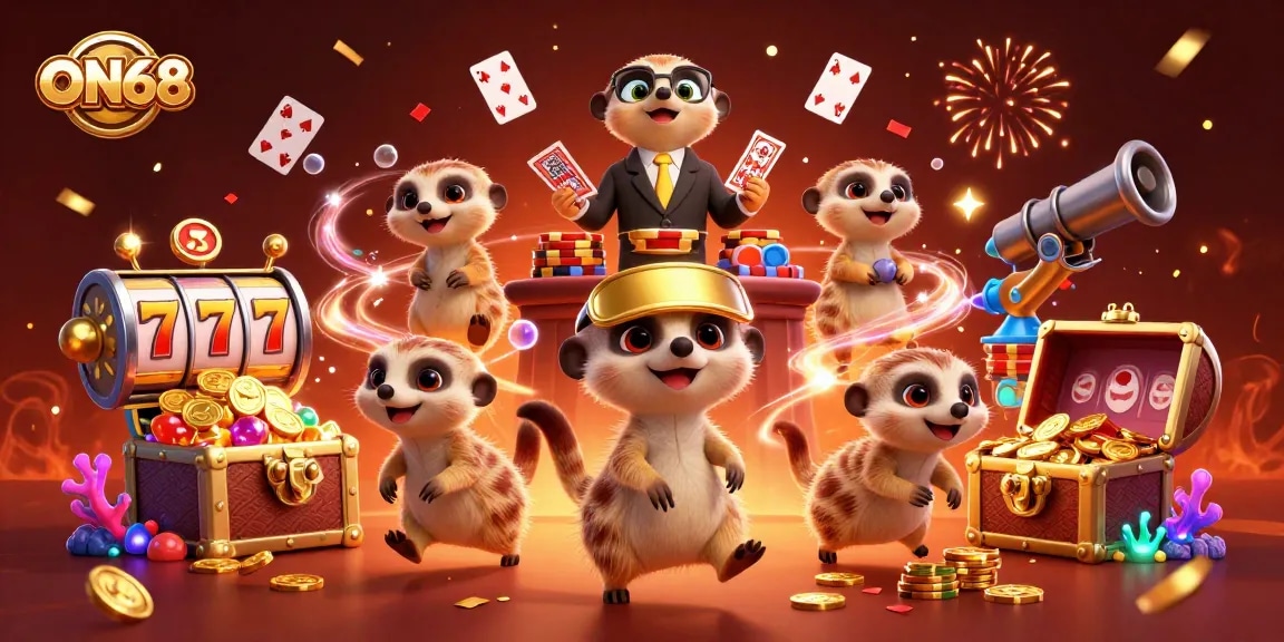 Engage with ON68's vibrant casino scene featuring meerkats in dynamic roles, showcasing excitement and action.