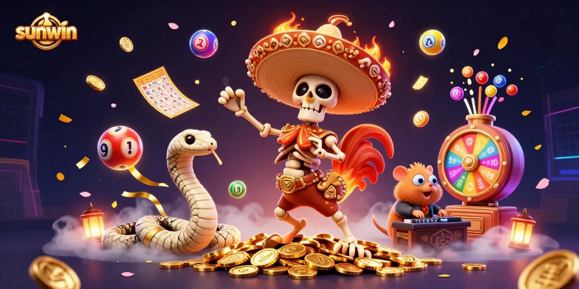 Experience the thrill of sunwin's vibrant casino scene with lively characters and festive elements.