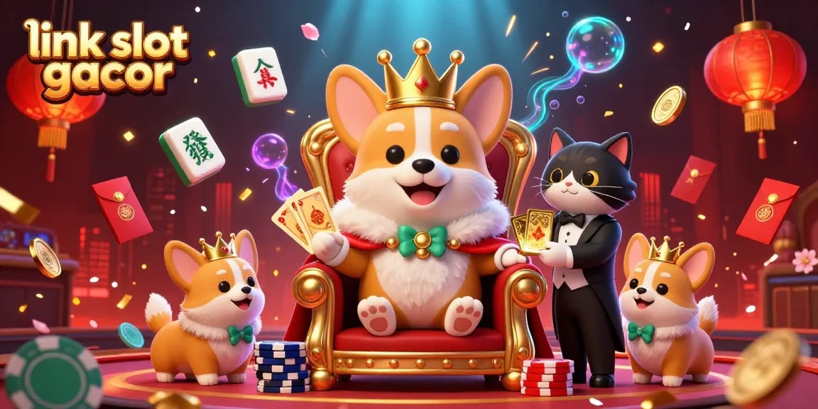 Experience the thrilling vibes of link slot gacor with a royal corgi on a poker throne, surrounded by festive casino elements.