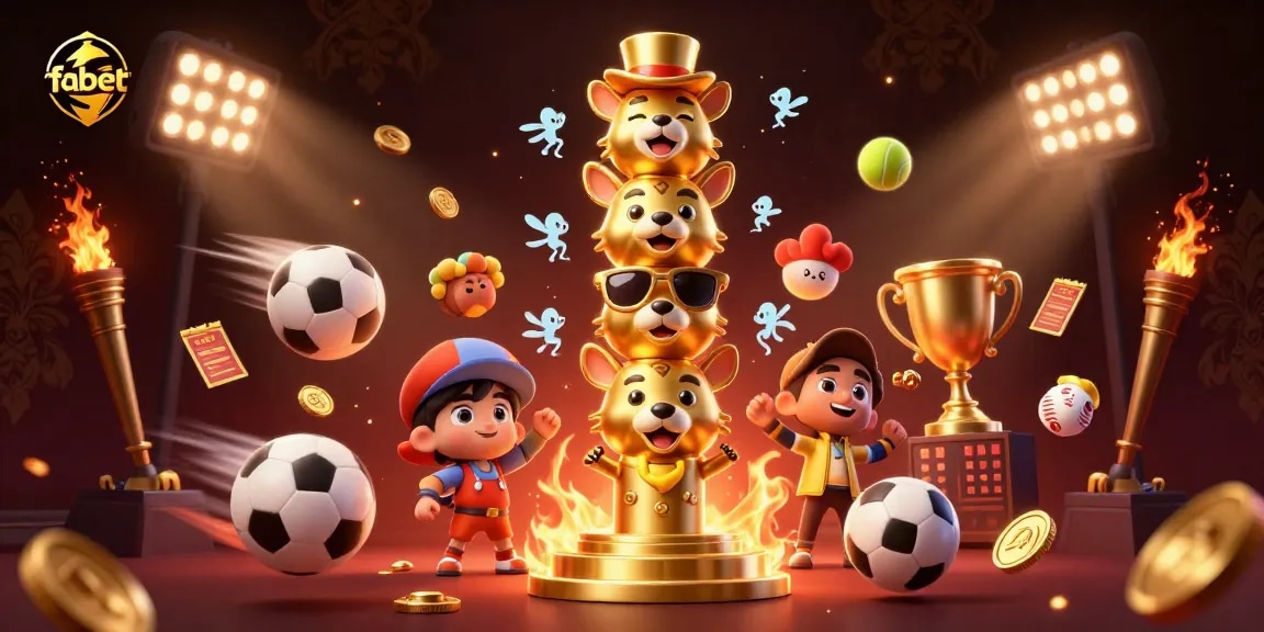 Experience thrilling sports betting at fabet with dynamic visuals of sports balls, trophies, and engaging elements.