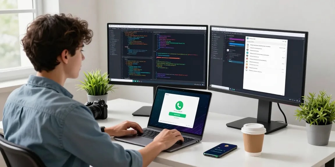 Modern tech workspace illustrating WhatsApp下載 on multiple screens, young developer engaged in coding.