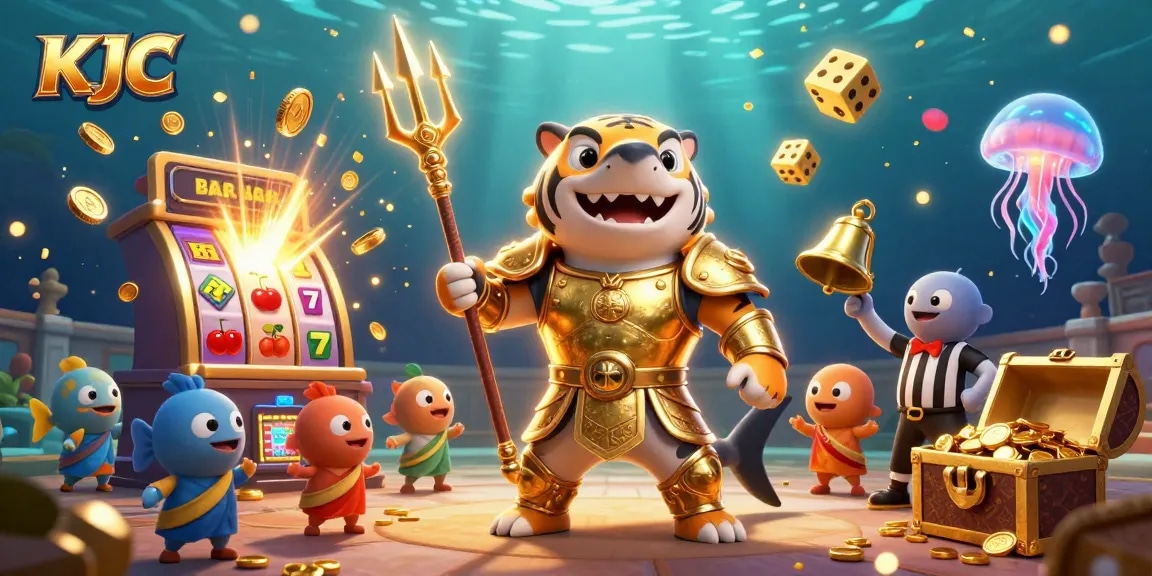KJC players enjoy a thrilling underwater jackpot experience with a tiger shark amidst golden casino elements.