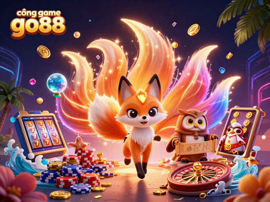 Engage with cổng game go88's vibrant 3D scene featuring a mystical fox spirit, owl sage, and casino elements.
