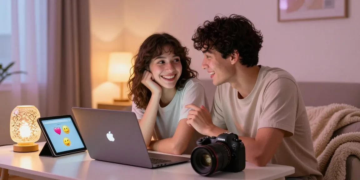 Engaging ai sex chat scene with a playful couple using a laptop in a cozy setting.
