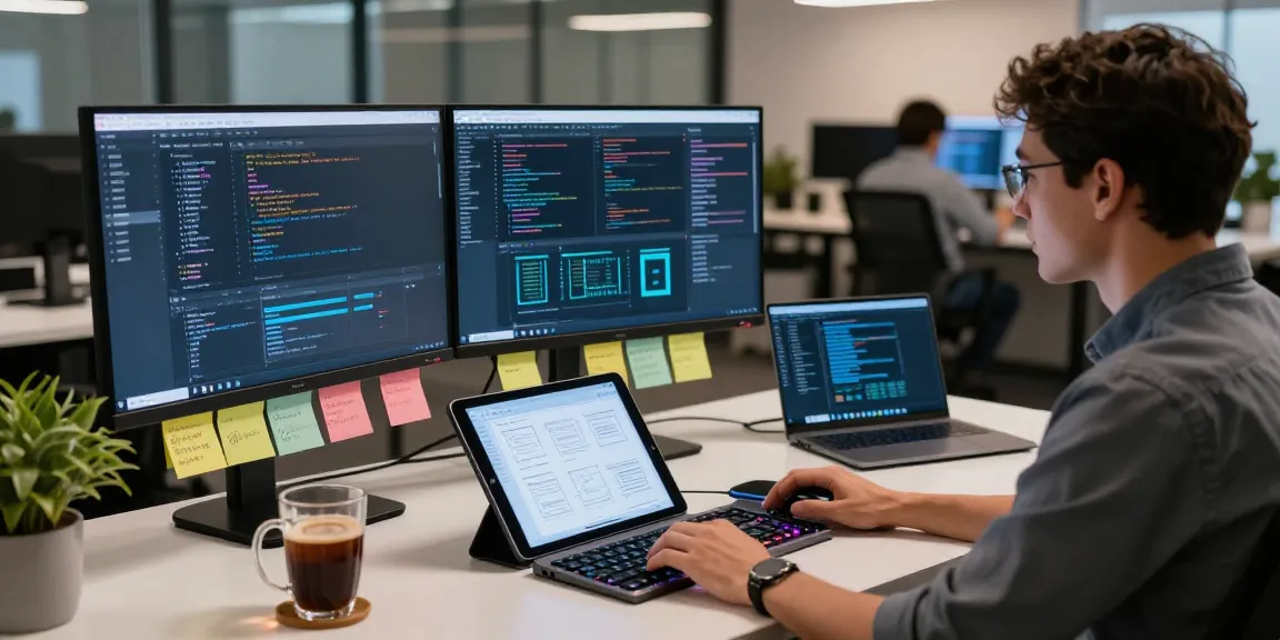 Developer at a modern workspace using an AI code generator on dual monitors, capturing a vibrant coding atmosphere.