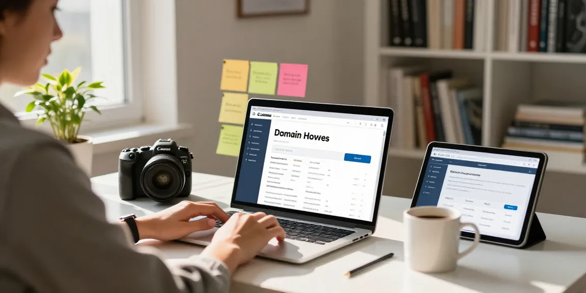Professional searching to buy domain without hosting, in a cozy home office.