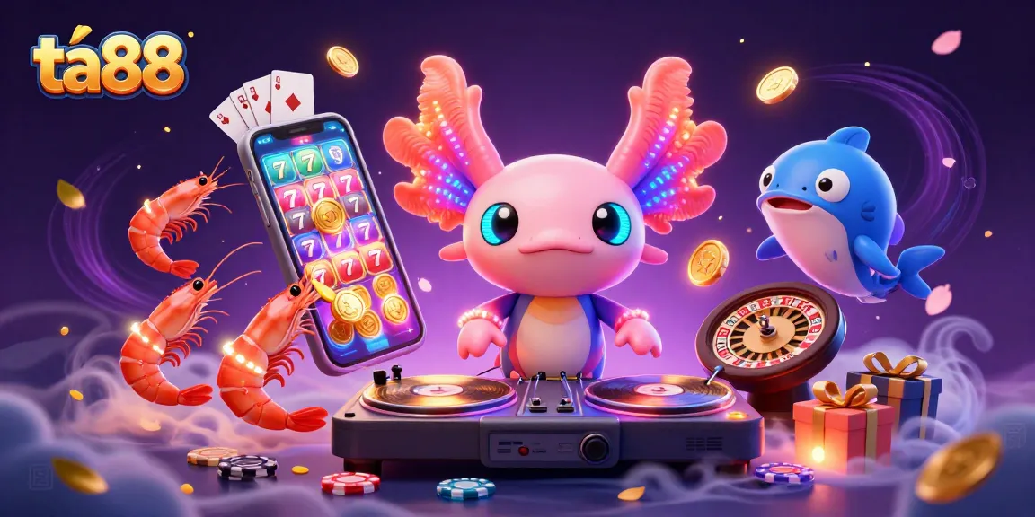 Experience the vibrant ta88 casino scene with an axolotl DJ, shrimp dancers, and magical slot games.