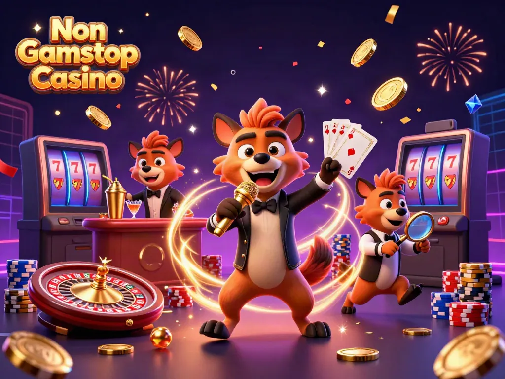 Humorous portrayal of Non Gamstop Casino with hyenas in a vibrant comedy club setting.