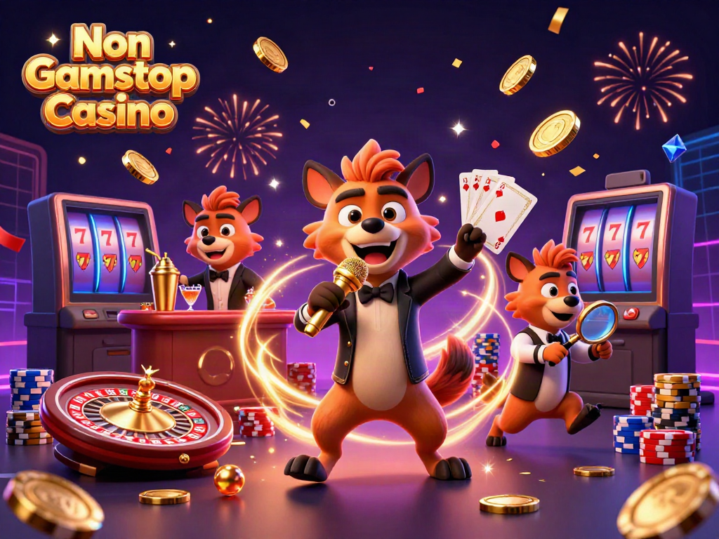 Humorous portrayal of Non Gamstop Casino with hyenas in a vibrant comedy club setting.