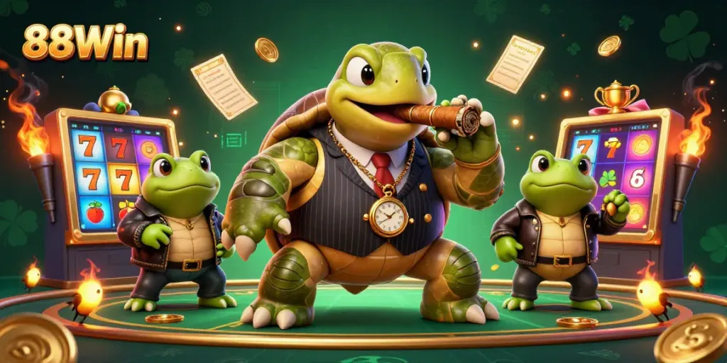 Experience the thrill of 88Win with a lively casino scene featuring animated characters and dynamic gaming elements.