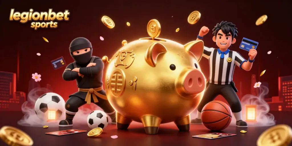 Experience thrilling action with legionbet sports as golden piggy bank and ninja duel in a dynamic scene.