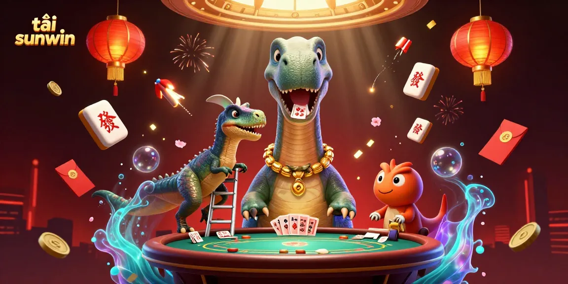 Win big with tải sunwin as a cartoon brontosaurus watches poker excitement unfold.