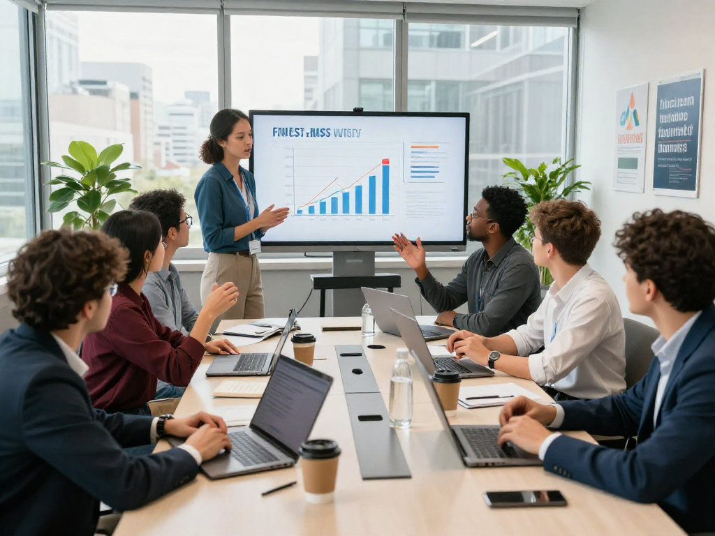 Team brainstorming session on XPAY33 Australia investment strategies in a modern office.