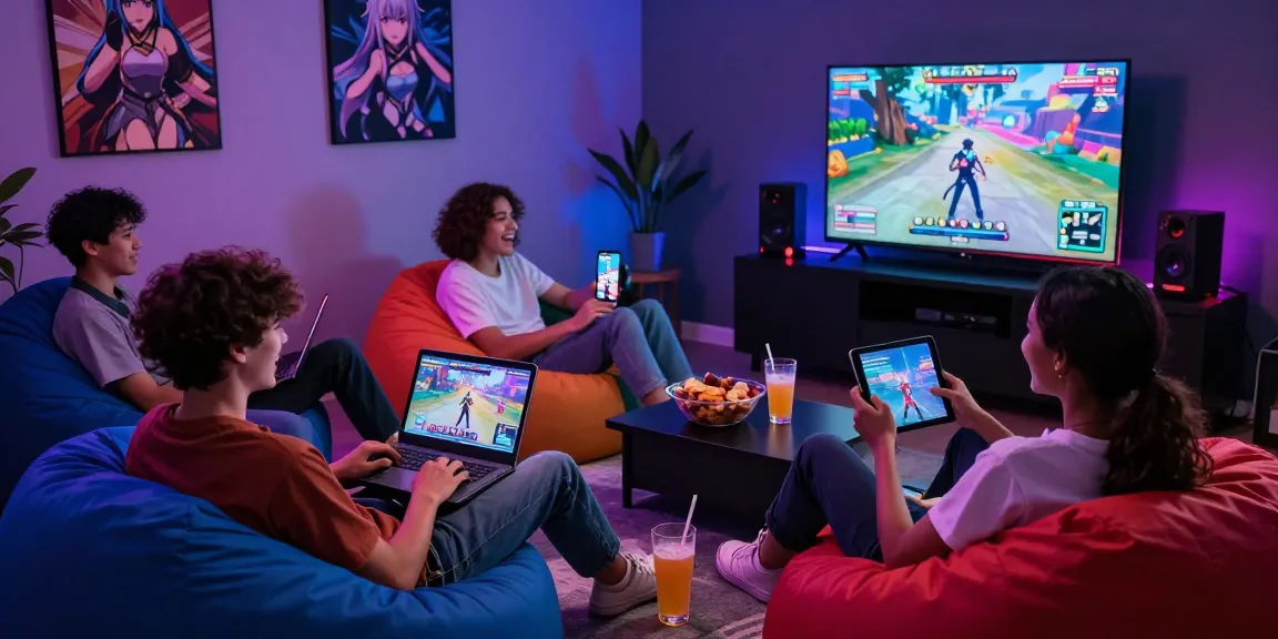Friends enjoying a lively gaming session with a hentai game on multiple devices in a cozy setting.