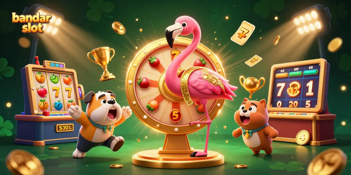Engage in bandar slot excitement with animated characters spinning a golden prize wheel surrounded by dynamic gaming elements.