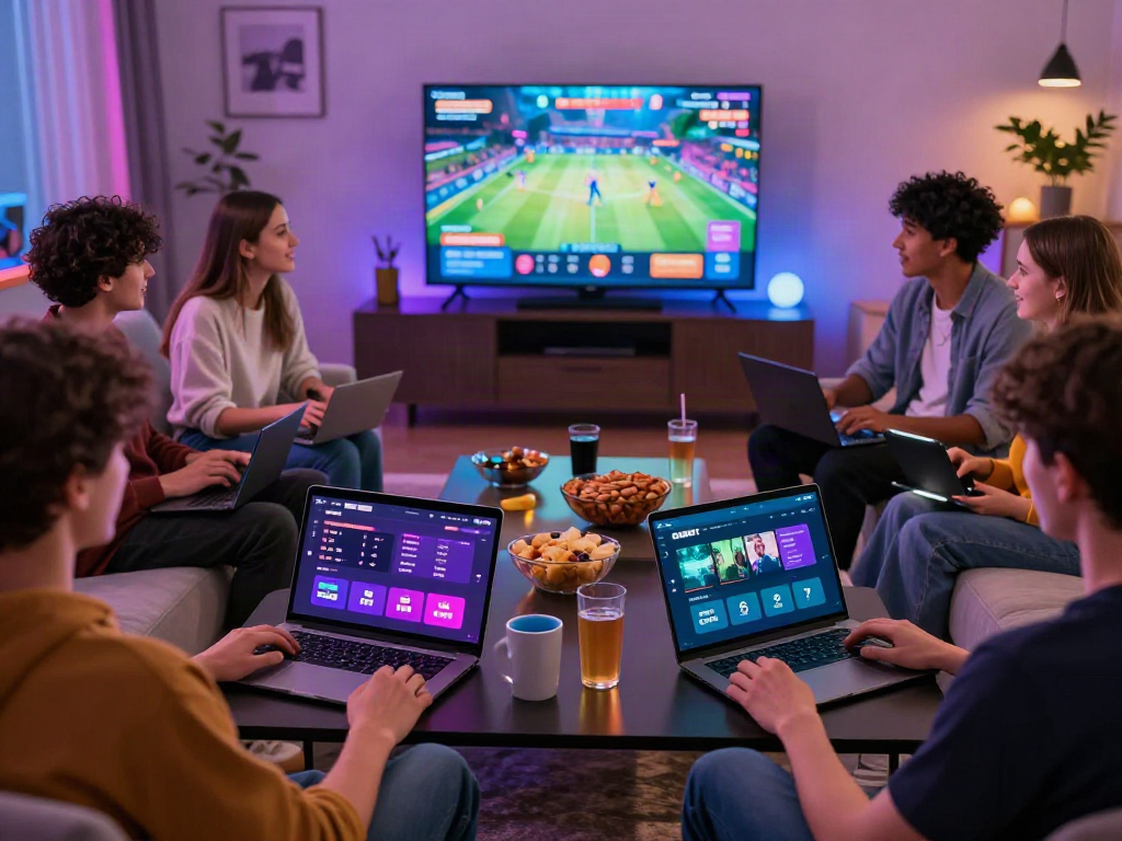 Engaged group enjoying DEBET's online entertainment platform, showcasing gaming devices and lively atmosphere.