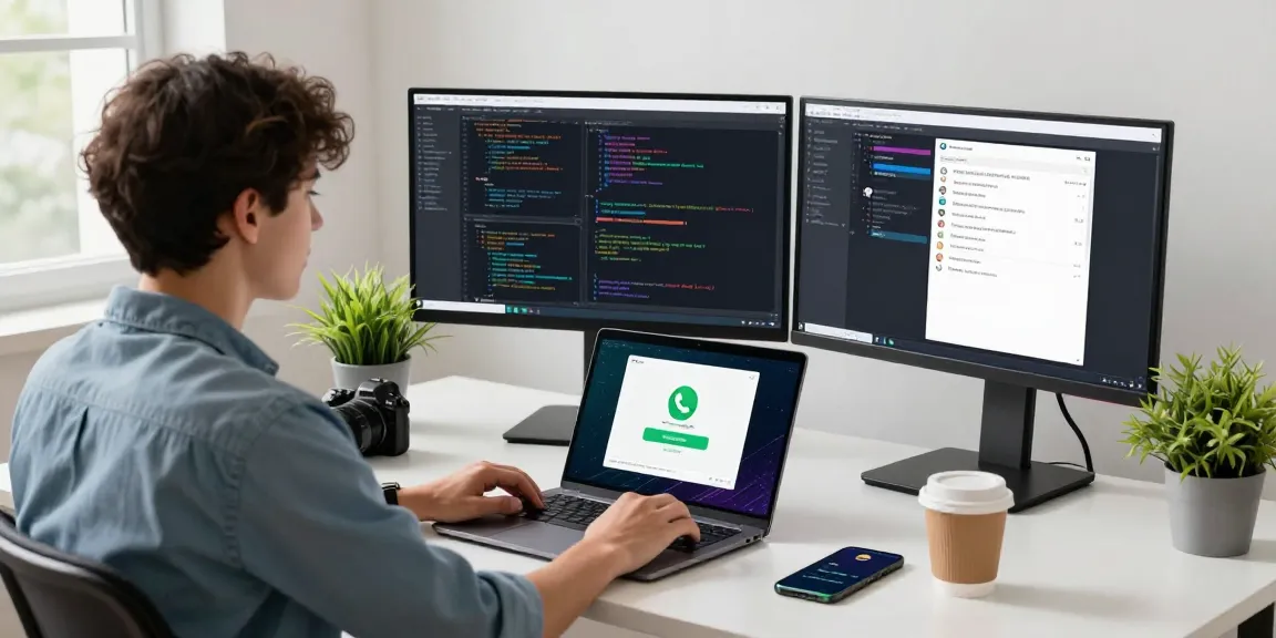 Modern tech workspace illustrating WhatsApp下載 on multiple screens, young developer engaged in coding.