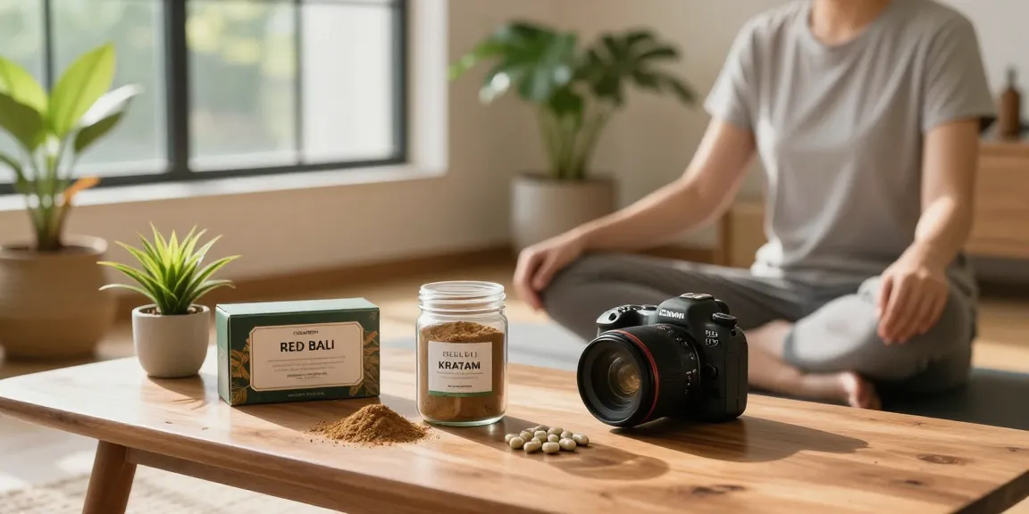 Buy red bali kratom for relaxation, featuring serene setting with natural products.