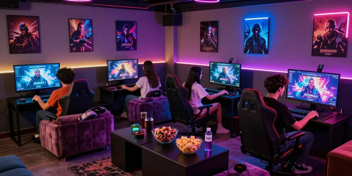 Group of friends enjoying interactive html porn games in vibrant lounge setting.