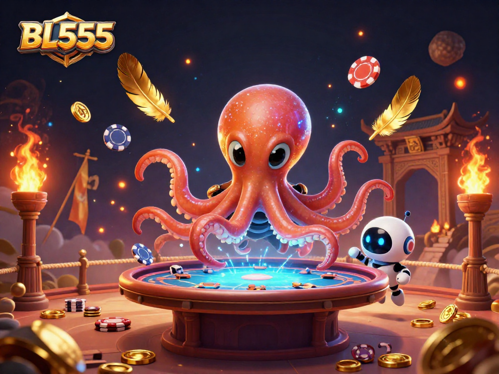 Experience thrilling gameplay with BL555, featuring a vibrant alien poker scene and dynamic mystical elements.