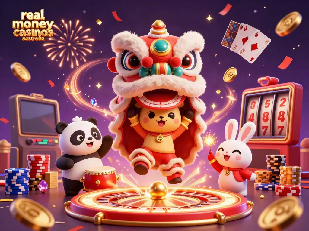Experience the excitement of real money casinos Australia with a lively lion dance, bright coins, and festive elements.