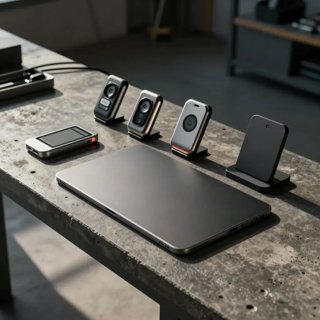 Web app prototype station with tablet dock, fobs, card reader and device stands on concrete