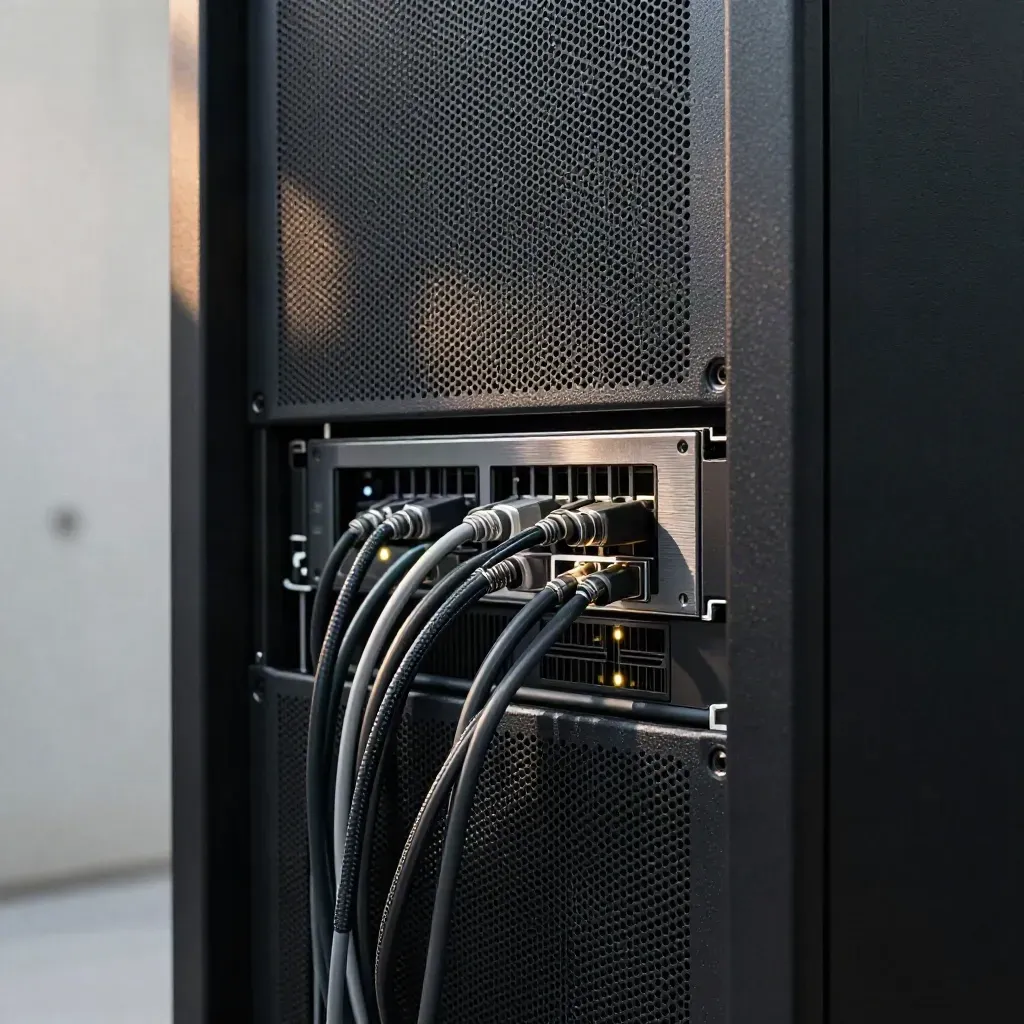 Macro of a live hosting rack with server hardware, braided patch leads and cooling panels.