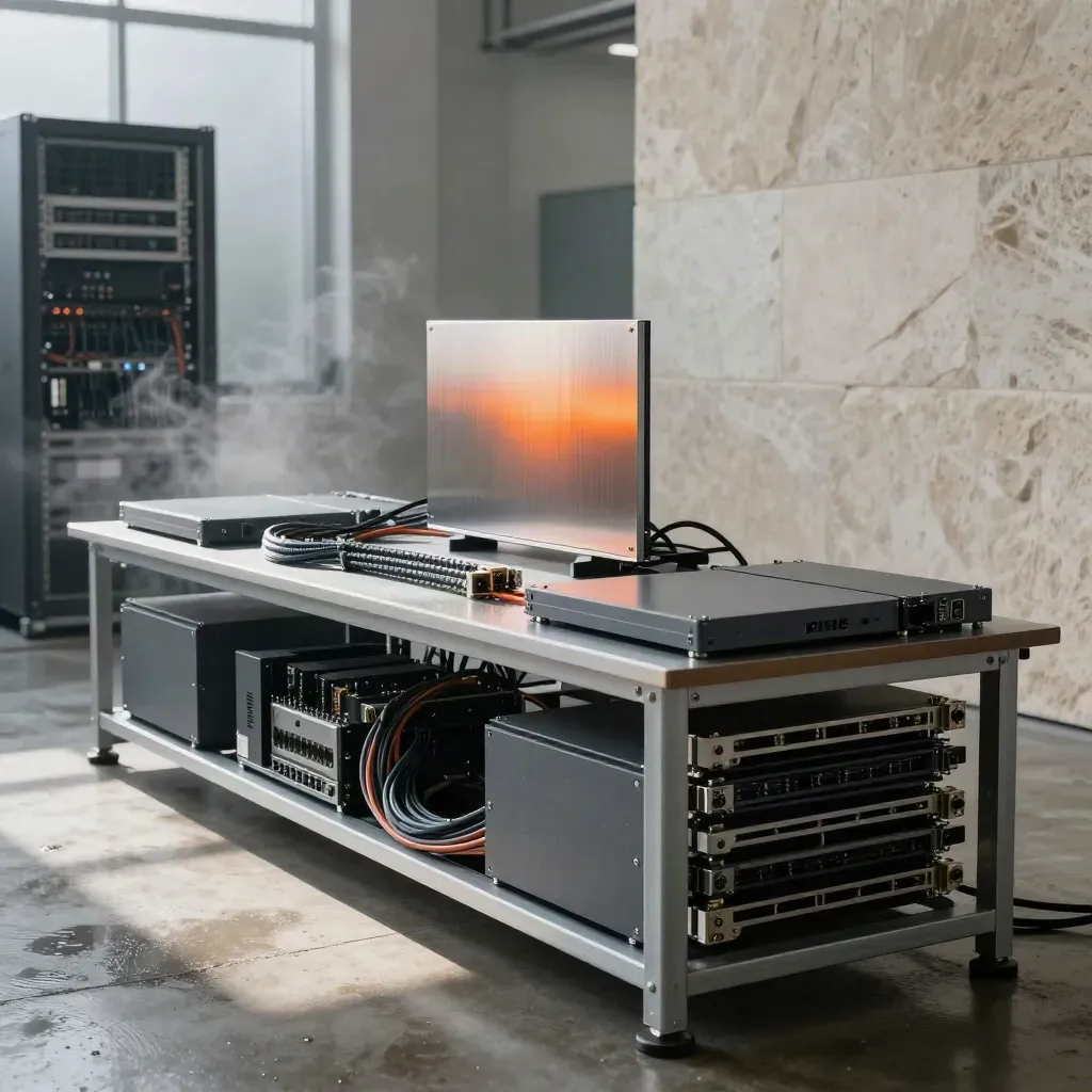 Rain-soaked tech studio with prototype panels, fibre cables and a receding server rack.