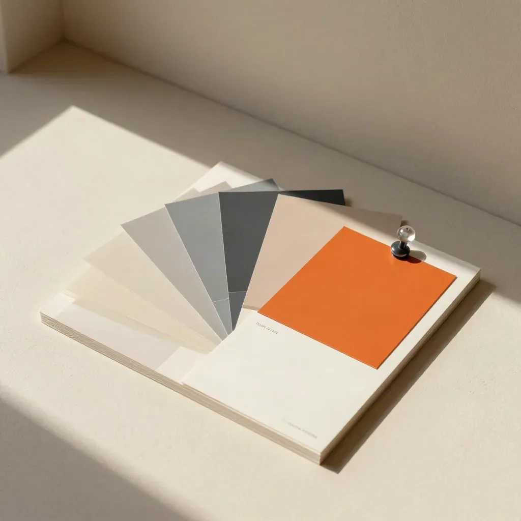 Blank art boards, translucent overlays, swatches and a glass weight on cream plaster in dramatic light.