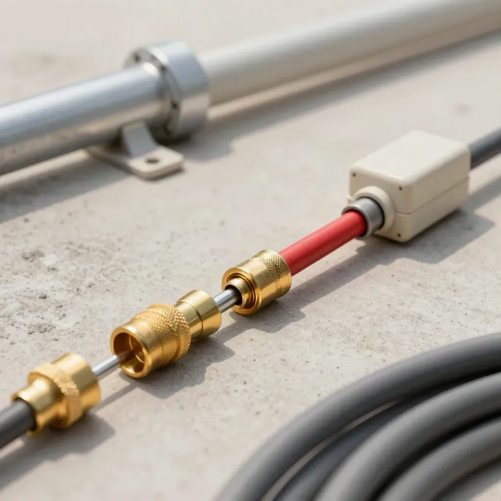 Brass couplers and cables linked into a junction box on concrete, lit with industrial haze.
