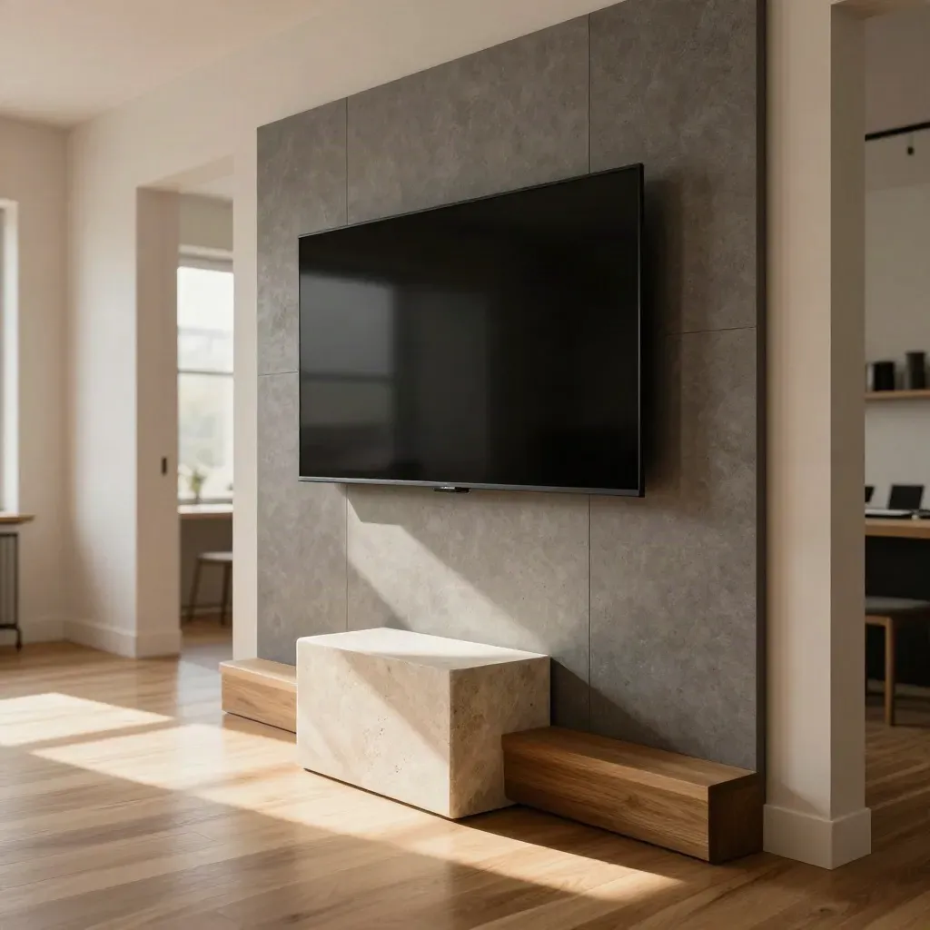 Empty startup demo suite with display, pedestal and acoustic panels in warm daylight