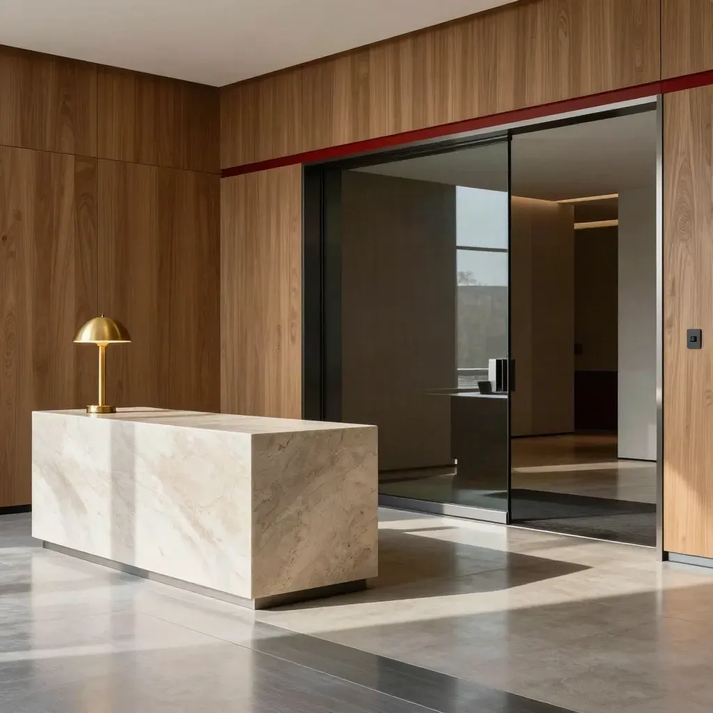 Refreshed finance lobby with stone desk, brass lamp and smoked glass in warm editorial light.