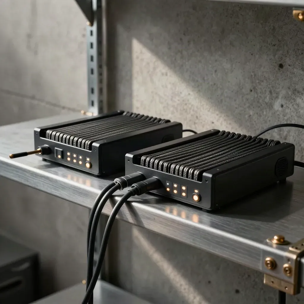 Linked operations shelf with twin docks, braided looms, and synchronized indicators in a moody tech room.