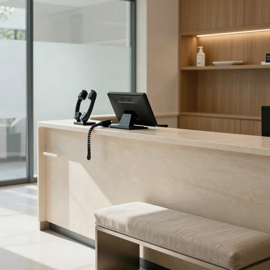 Clinic reception with a docked handset, angled kiosk, and fresh bench in warm afternoon light.
