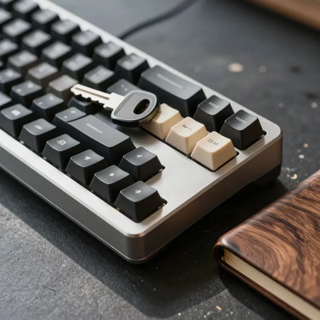 Macro of a machined keyboard cluster, security key, and walnut notebook block on a dark work surface.