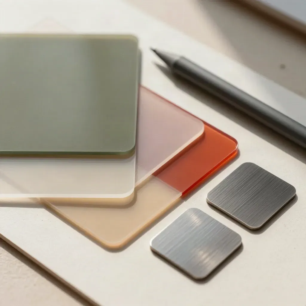 Top-down design tools: acetate overlays, colour chips, stylus and metal swatches on plaster.