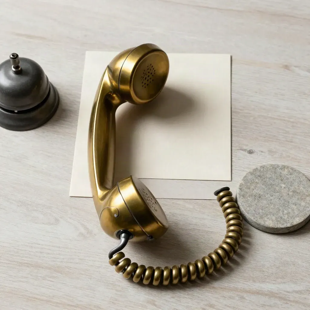 Brass phone handset, coiled cord and ceramic bell on pale wood with soft side light