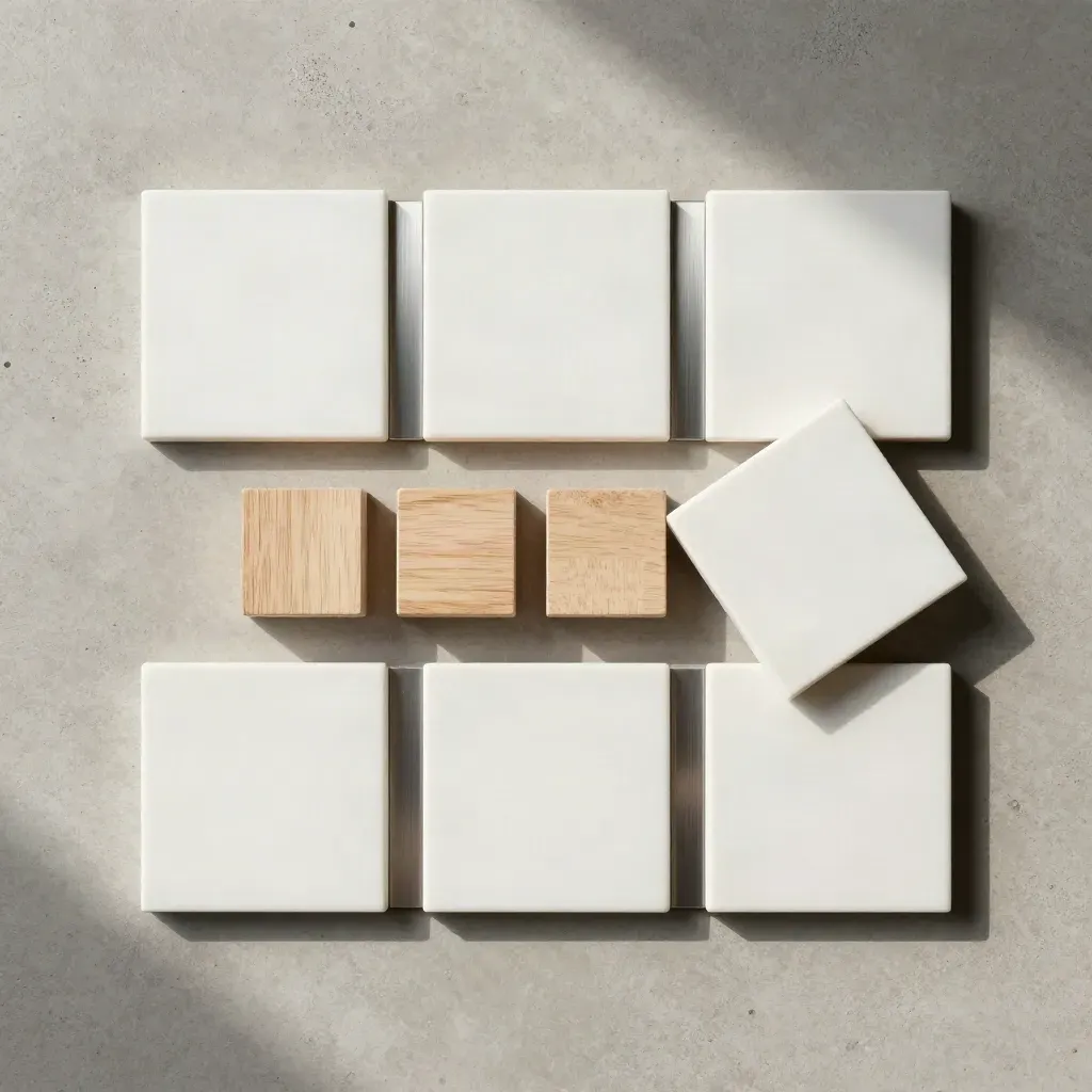 White tiles, metal spacers, and oak blocks arranged as a precise overhead planning flatlay.
