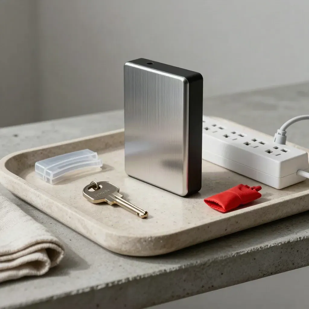 Stone tray with server key, backup drive, cable ties and power strip on linen