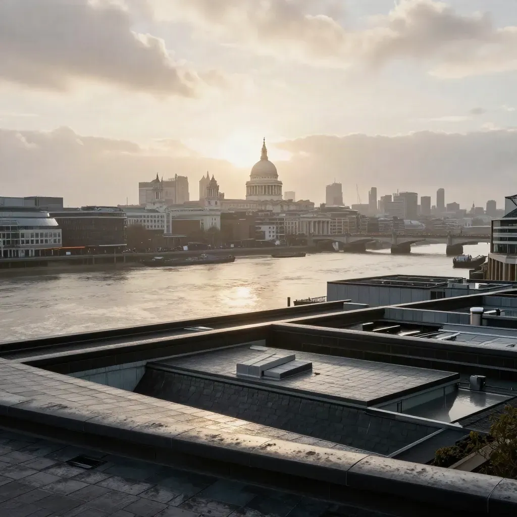 London skyline at sunset after rain, Thames, St Paul’s dome, soft mist