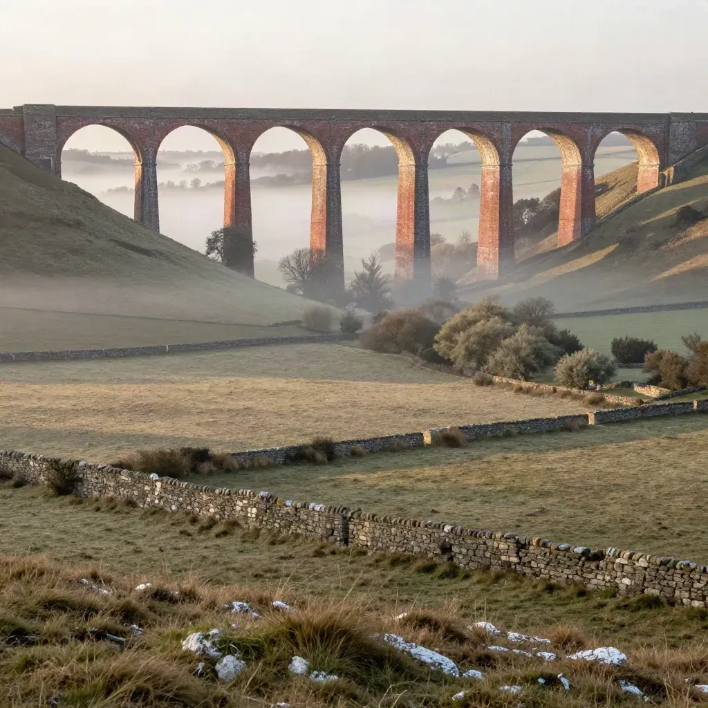 Morning mist over a brick viaduct in the Midlands, seen from a hillside.
