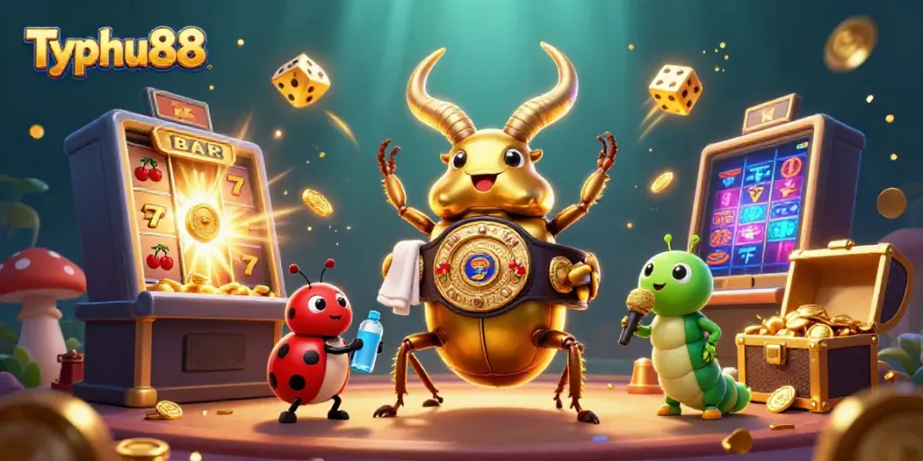 Experience the vibrant excitement of Typhu88 with a colorful casino-themed 3D illustration.