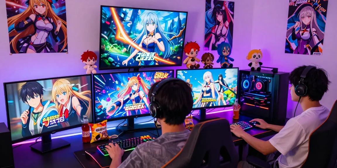 Exciting gaming scene featuring ecchi games on screens with vibrant setup and gamer in action.
