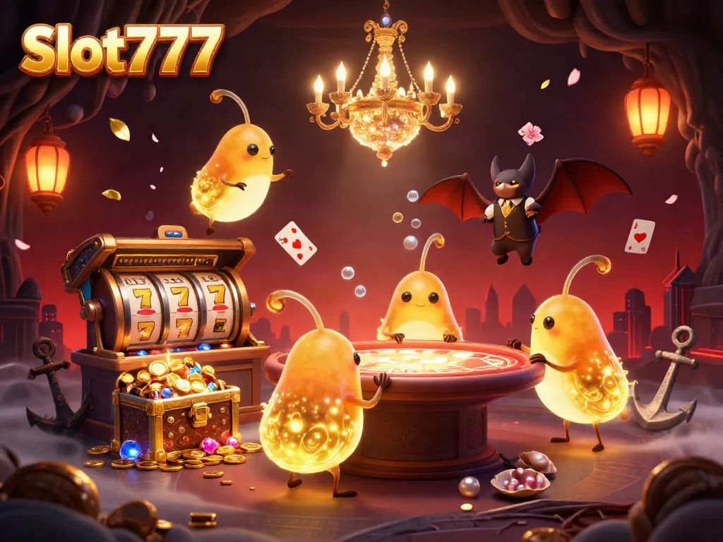Experience thrilling fun with Slot777 in this illuminated casino scene featuring vibrant characters and slot elements.