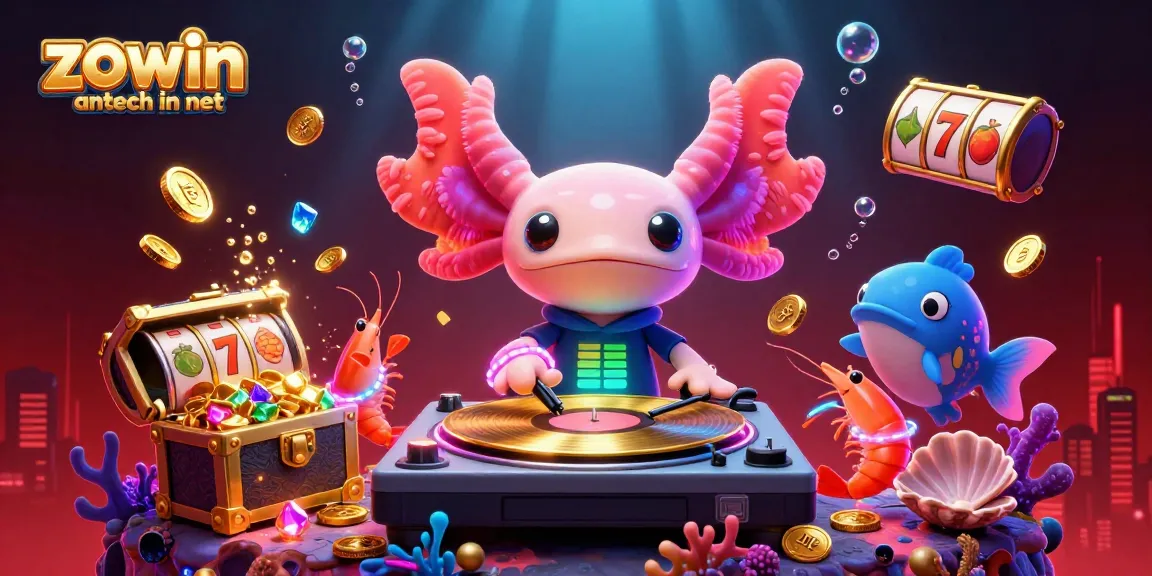 Experience vibrant action with the zowin antech in net-themed illustration featuring a dynamic axolotl DJ and lively gaming elements.