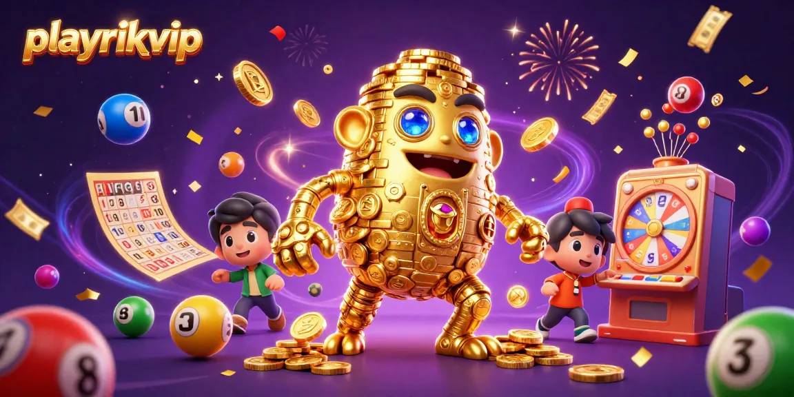 Experience thrilling wins with playrikvip's vibrant gaming scene including a golden golem and dynamic lottery elements.